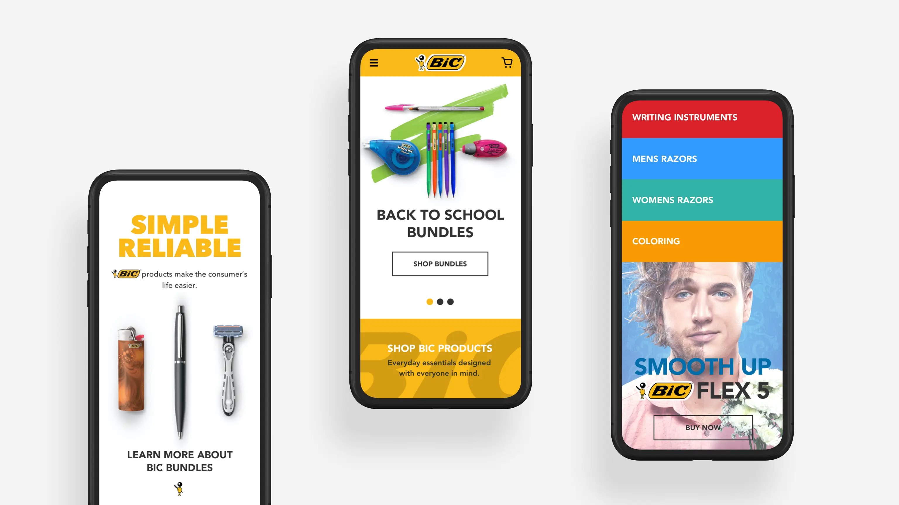 Screenshots showing Bic’s mobile ecommerce experience