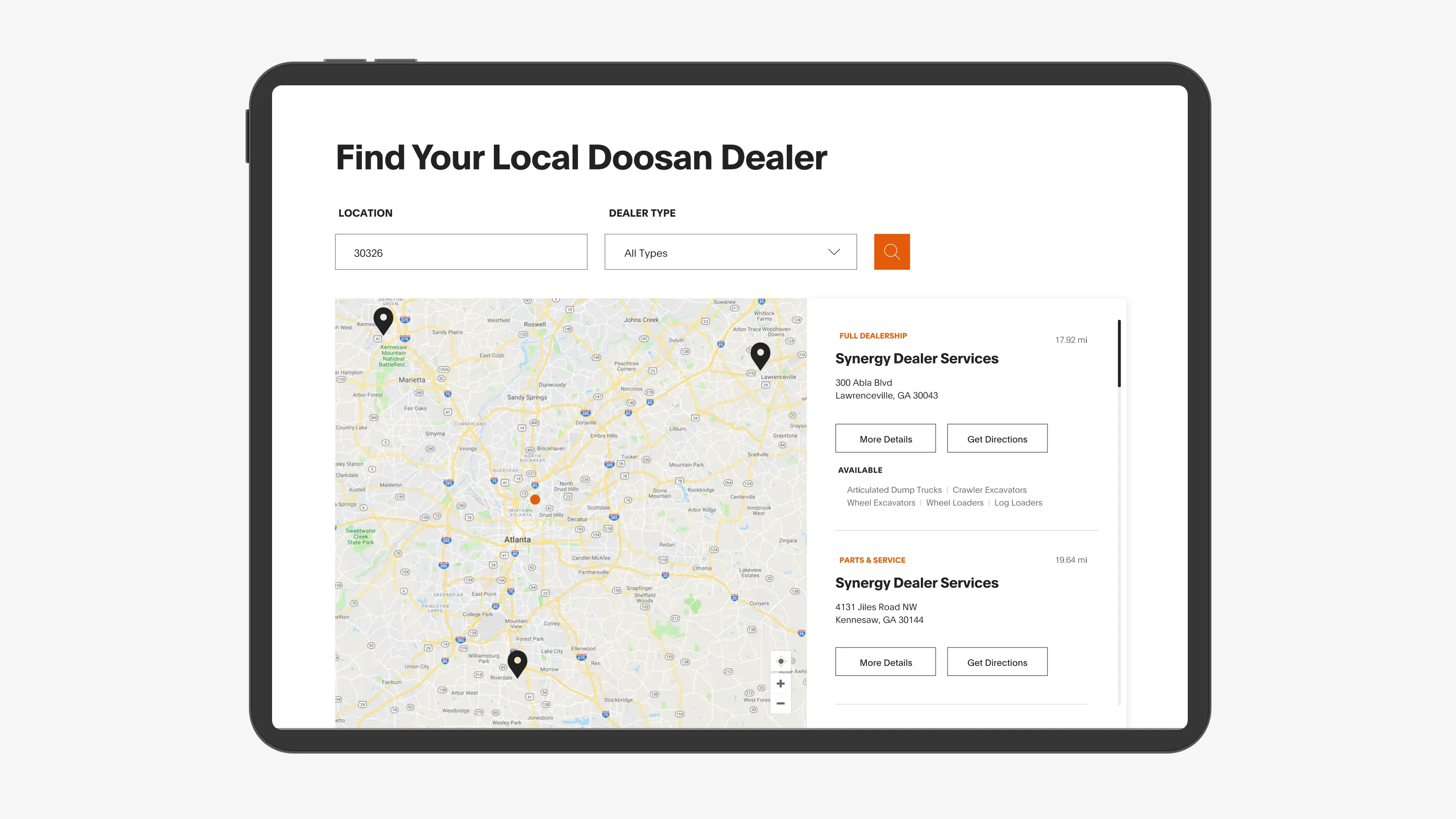 Screenshot of Doosan’s Dealer Locator tool on website.