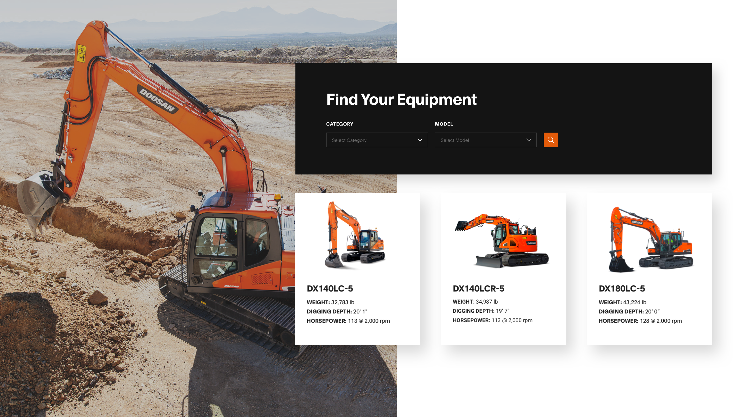 Screenshot of equipment finder feature on Doosan’s wesbite.