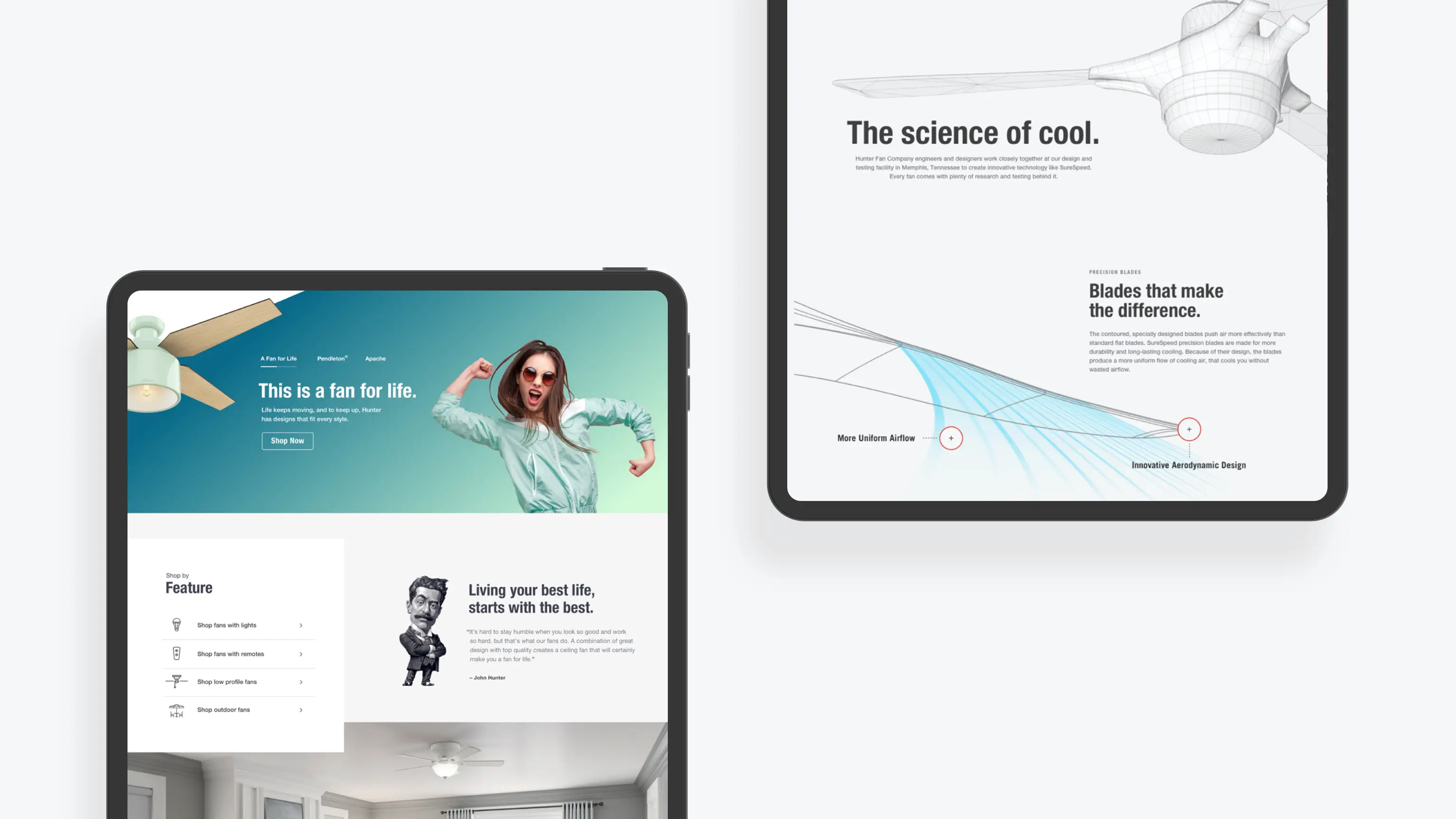 Screenshots of redesigned Hunter Fan website on tablet view.