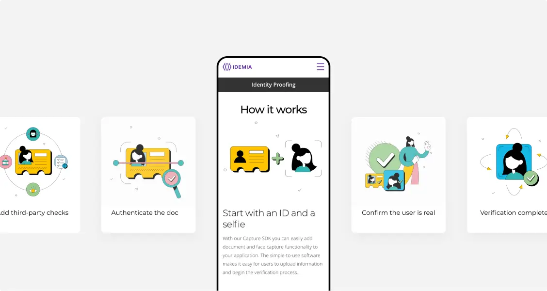 Screenshot of IDEMIA’s Identity Proofing user flow, including engaging graphics and simplified language.