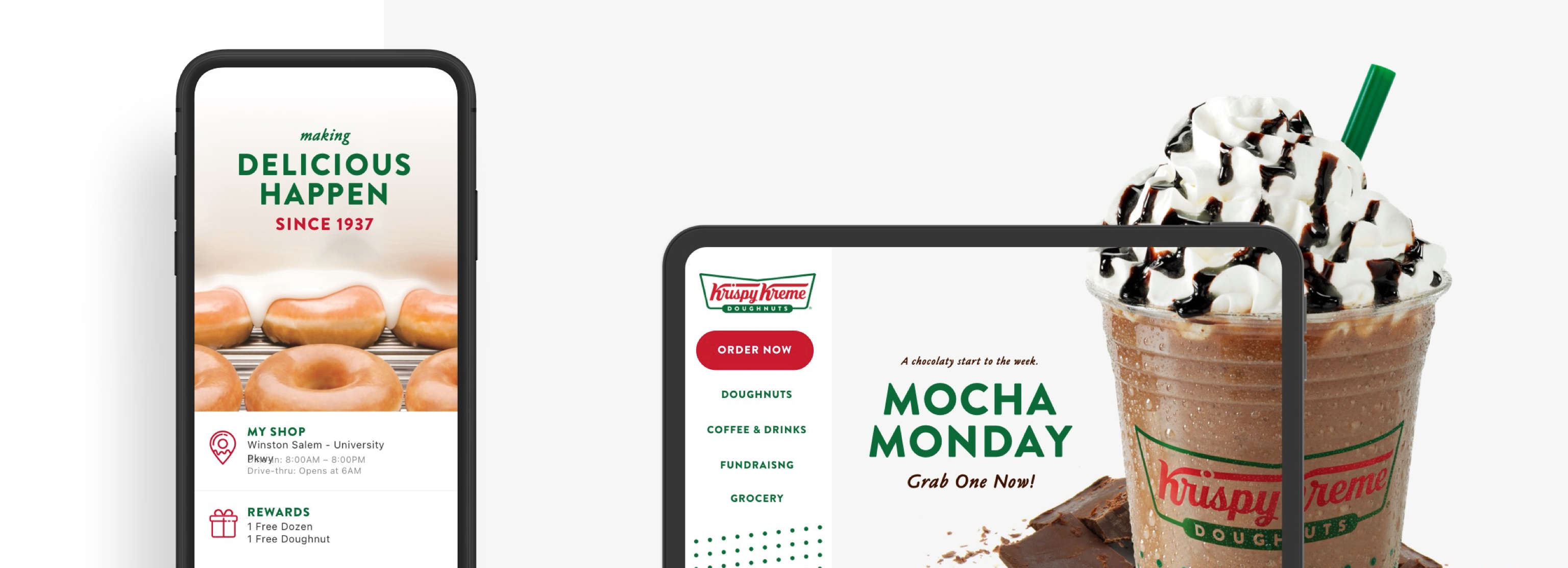 Two mobile screens showing Krispy Kreme branding: one with glazed donuts and rewards, the other promoting Mocha Monday with a frozen drink.