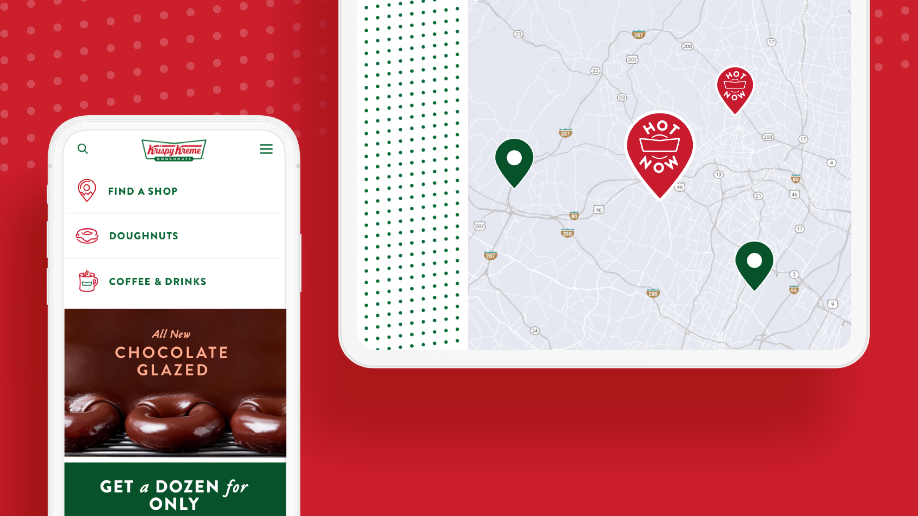 Screenshot of Krispy Kreme’s mobile app and location finder map functionality.