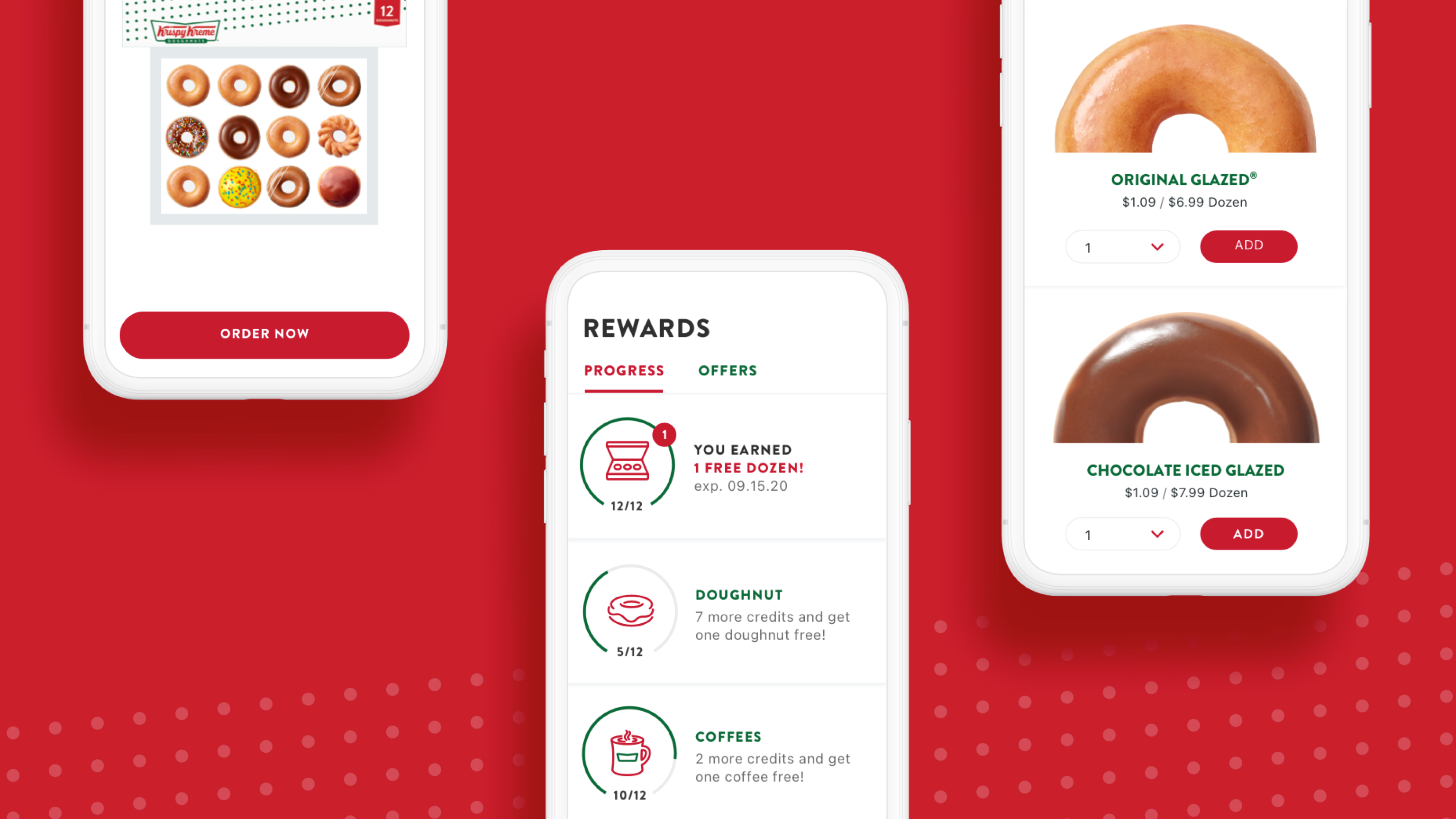 Three screenshots showing Krispy Kreme’s mobile app ordering process and rewards progress.