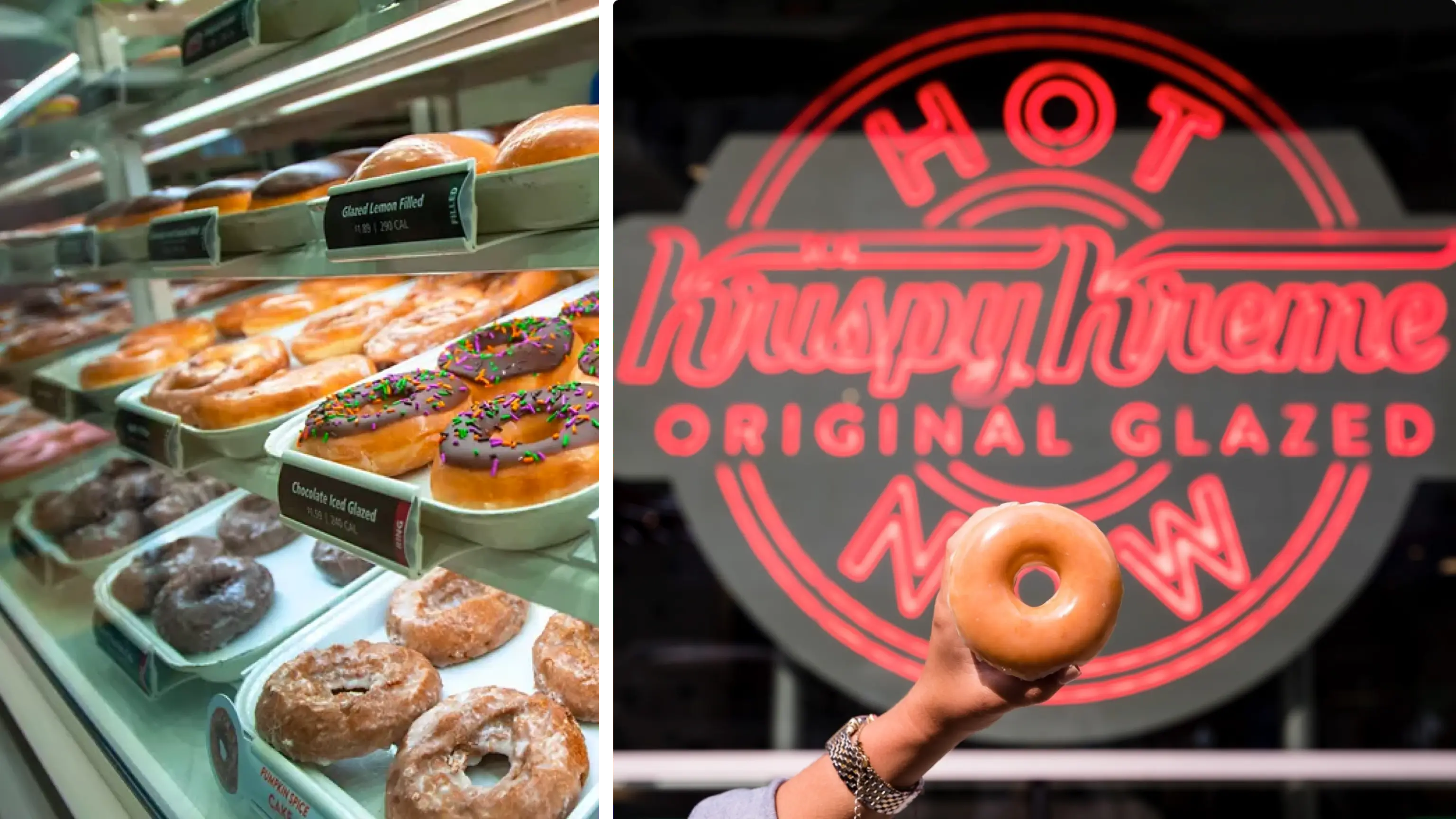 Assorted Krispy Kreme doughnuts in display case and original glazed held up in front of Hot Light.