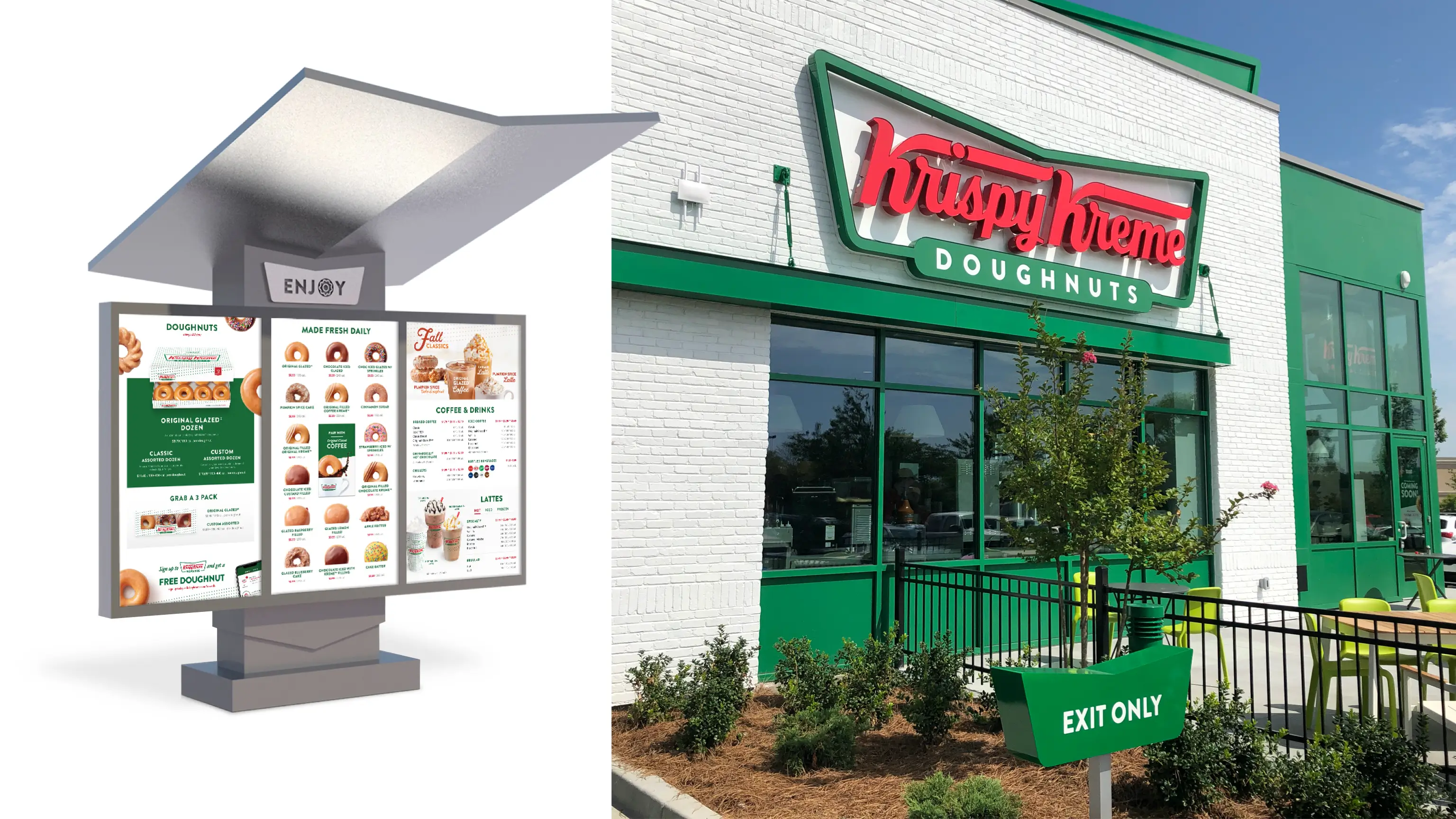 Front view of Krispy Kreme Doughnuts physical location., Krispy Kreme drive-thru menu.