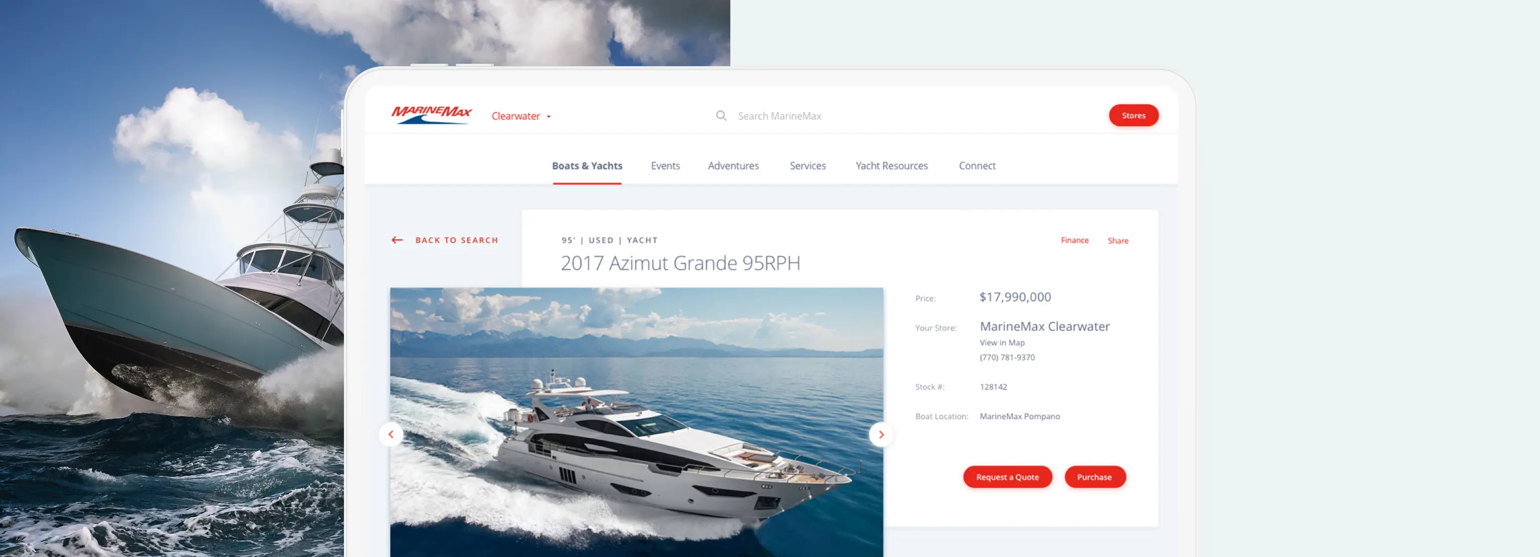 Website interface showing a 2017 Azimut Grande 95RPH yacht listing on MarineMax, with price details and options to request a quote or purchase.