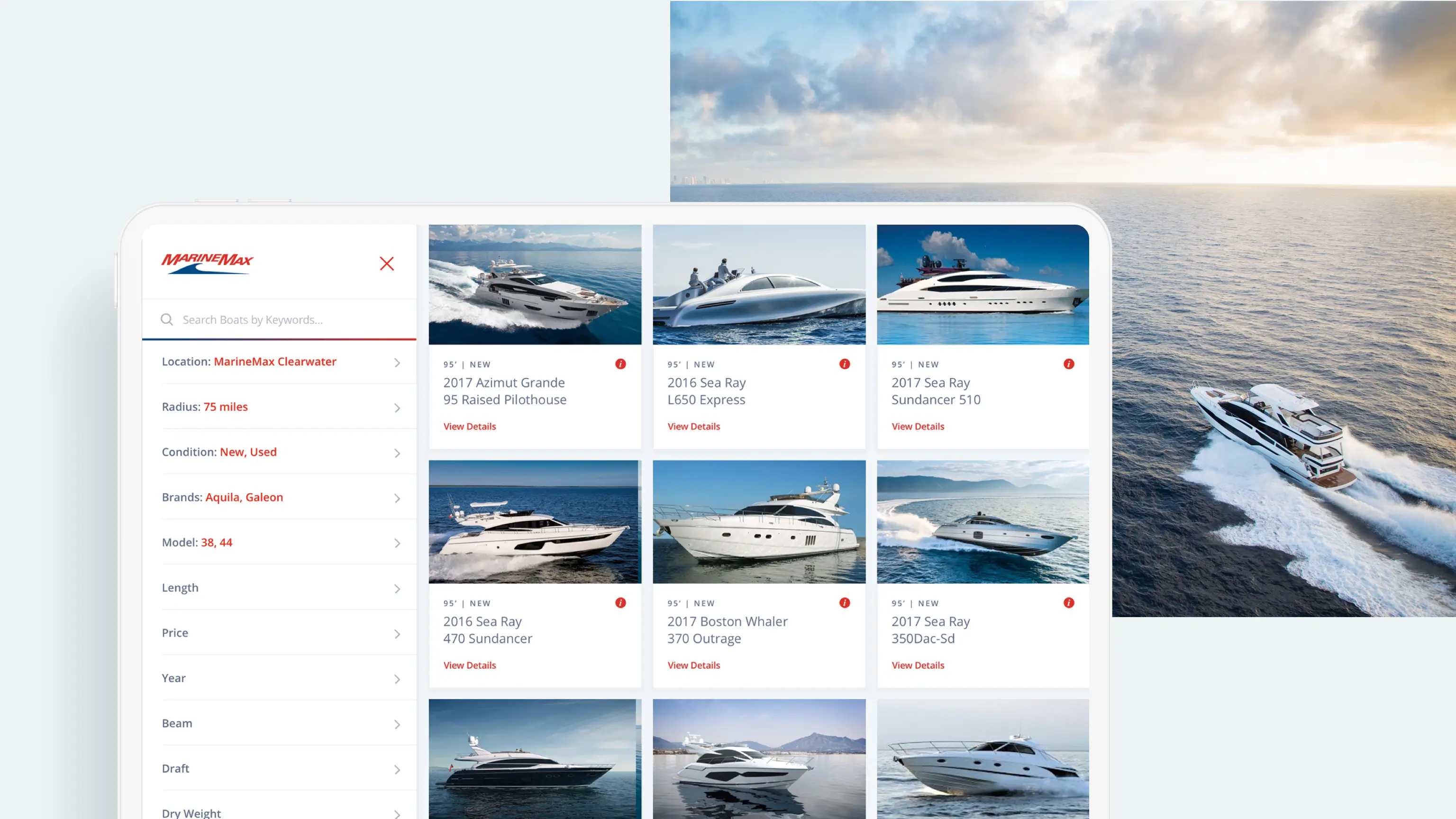Screenshot of tablet experience showing MarineMax boat finder tool and listings.