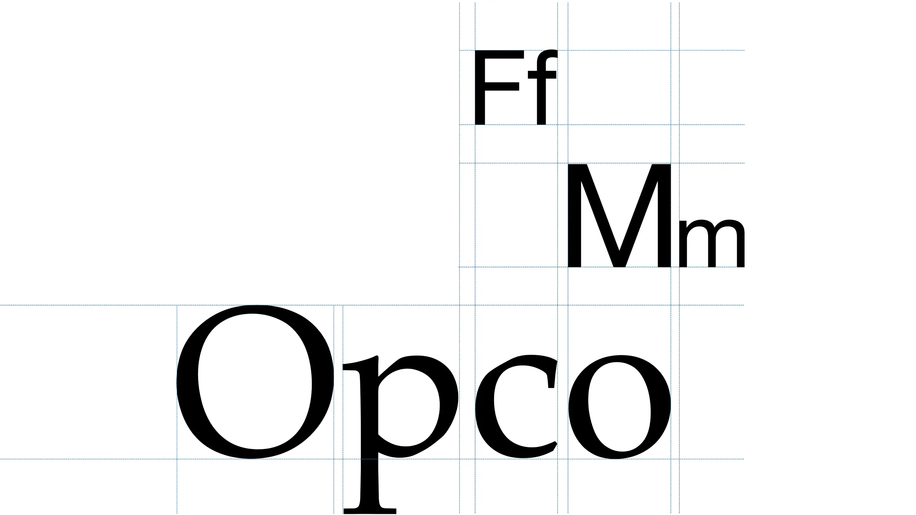 Typography style guide showing the letters 'Ff,' 'Mm,' and 'Opco' in various sizes, with grid lines outlining spacing and font proportions for Oppenheimer branding.