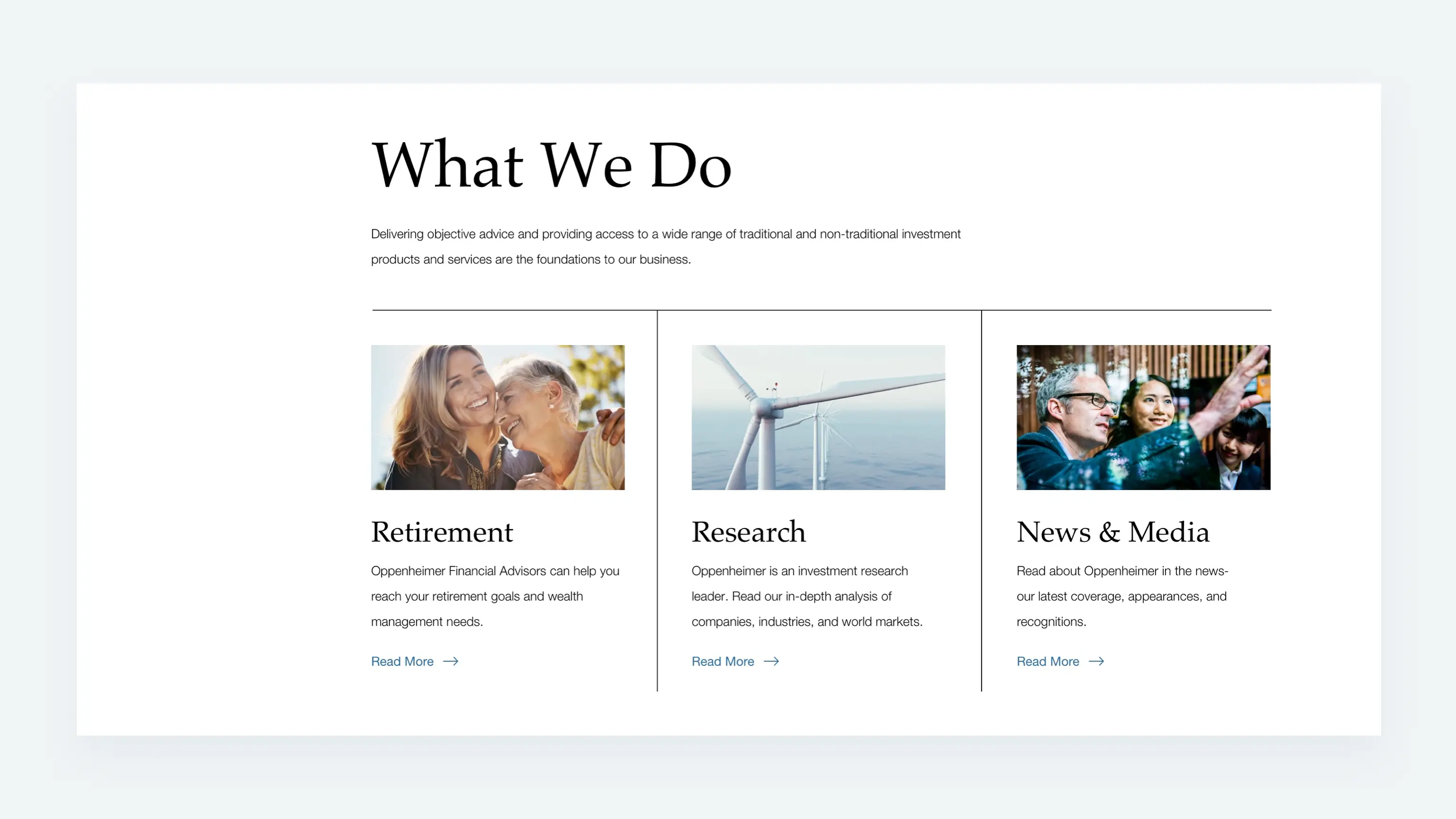 Screenshot of 'What We Do' section showing Retirement, Research, and News & Media services with images and short descriptions.