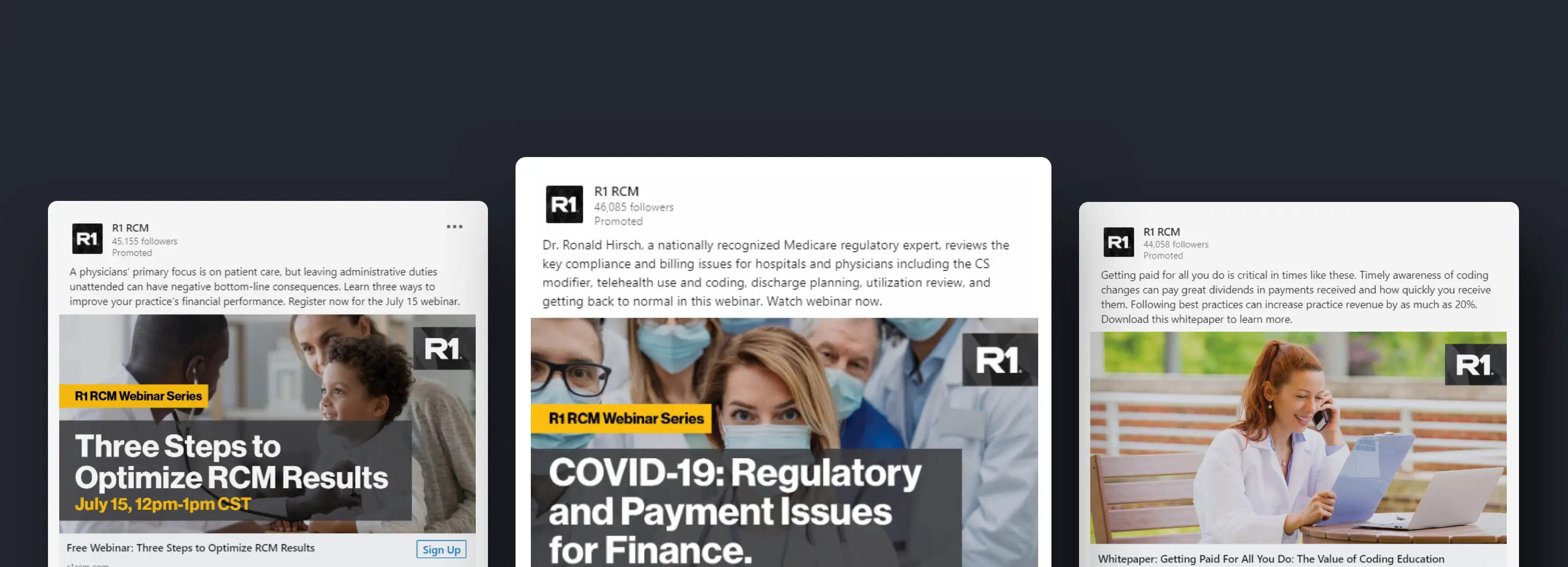 Three promotional ads from R1 RCM showcasing webinars and resources for optimizing RCM results, addressing regulatory issues in finance, and improving coding practices.