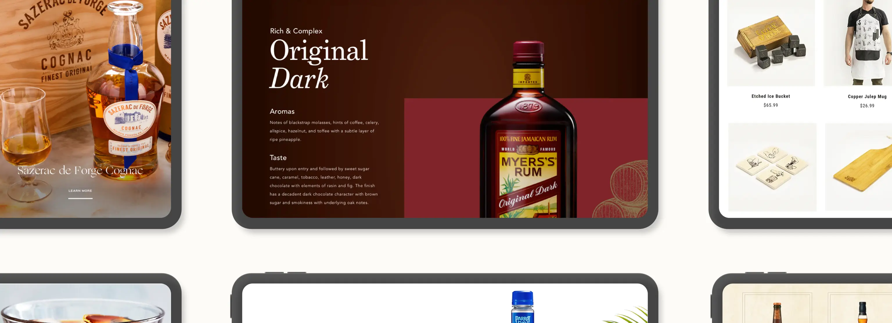 Tablet screens displaying promotional content for Sazerac de Forge Cognac and Myers's Original Dark rum, along with images of related drink accessories like an ice bucket and coasters.