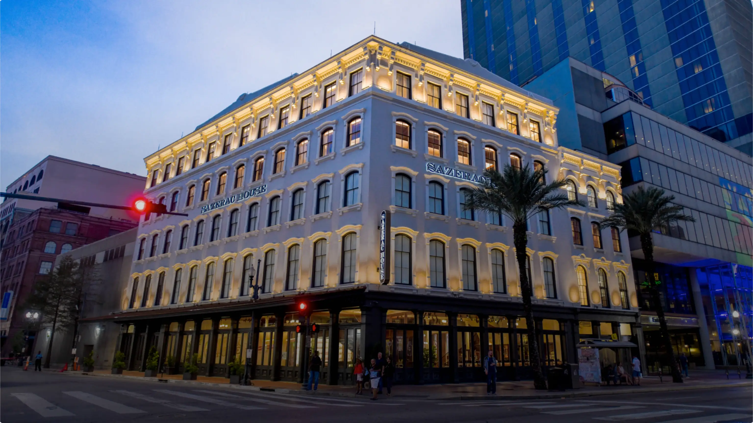 Side view of Sazerac House located in New Orleans from street.