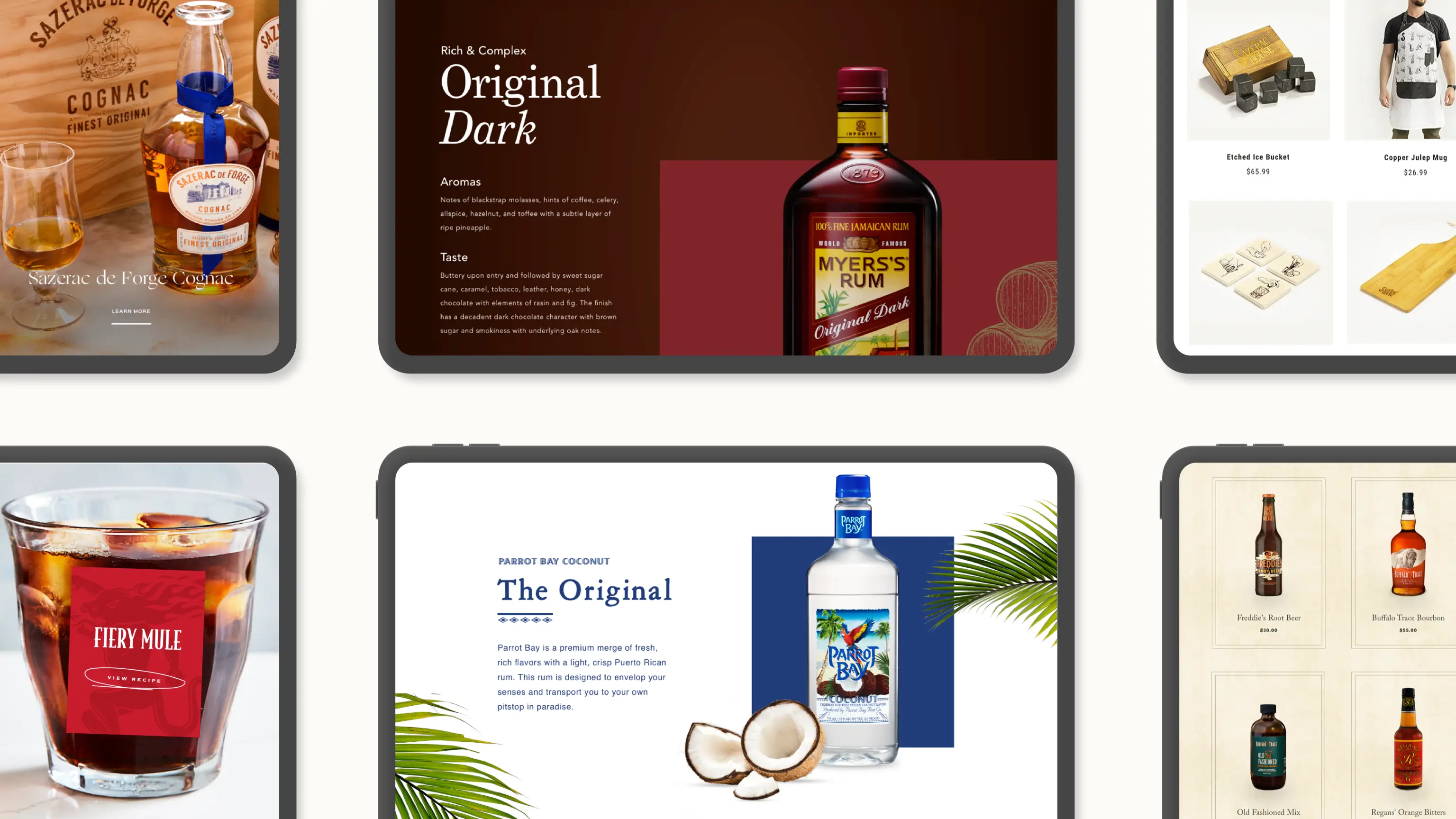 Screenshots of Sazerac brand experiences on redesigned website.