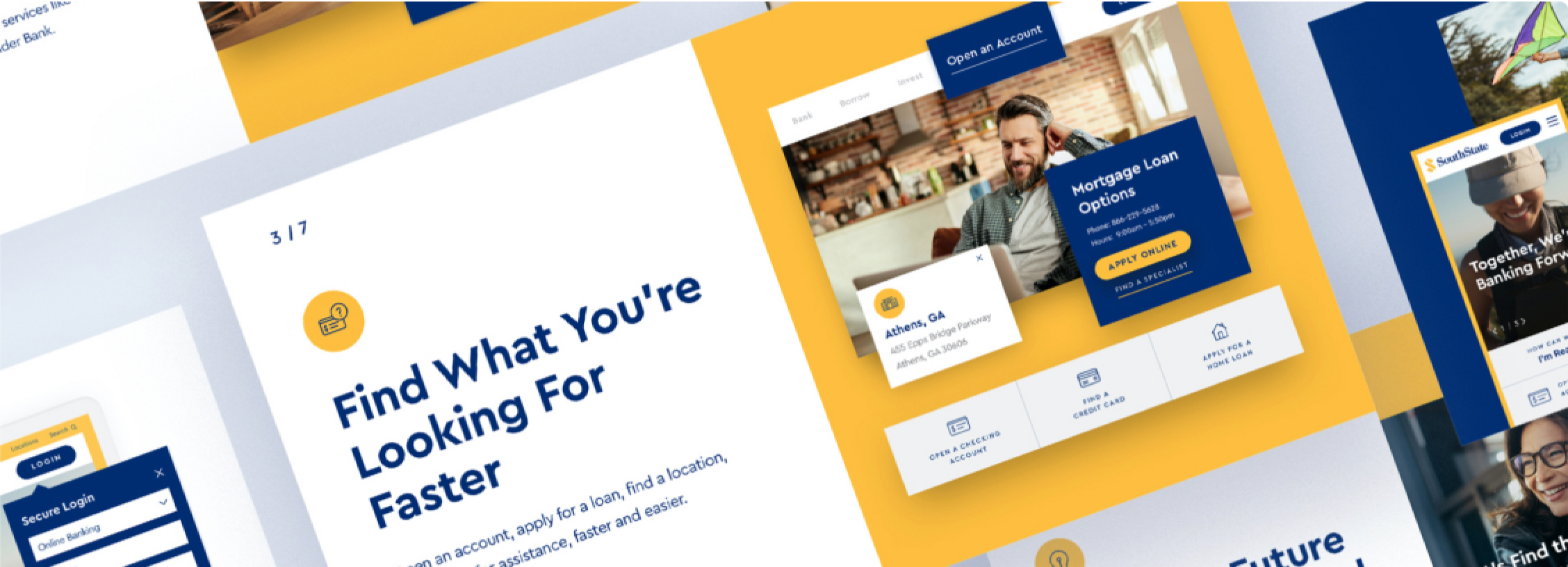 Screenshot of SouthState Bank's new website design showcasing different custom components to improve user experience and design.