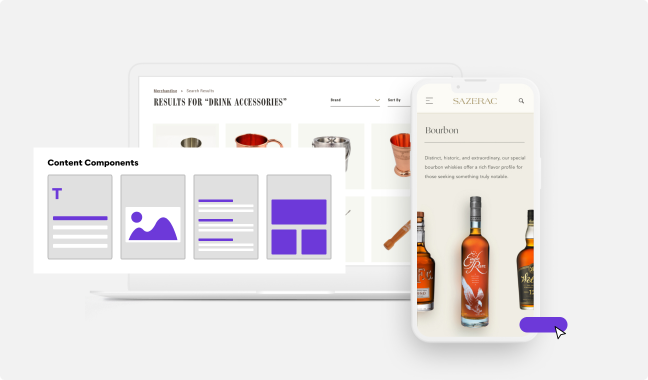 Laptop showing search results for drink accessories, alongside a mobile view of bourbon bottles, and a content components diagram.