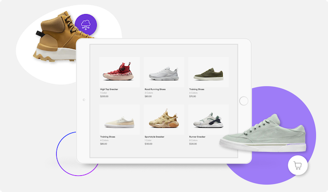 Tablet displaying six sneakers with names and prices, surrounded by a brown boot and green sneaker on a purple and white background.