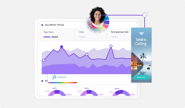 Dashboard with graphs showing key metrics like page views and time spent, alongside a Tahiti travel ad and user avatar at the top.