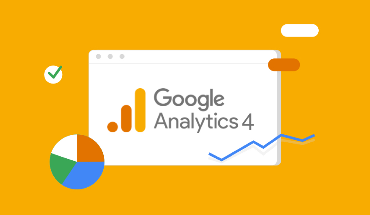 Graphic of Google Analytics 4 on yellow background