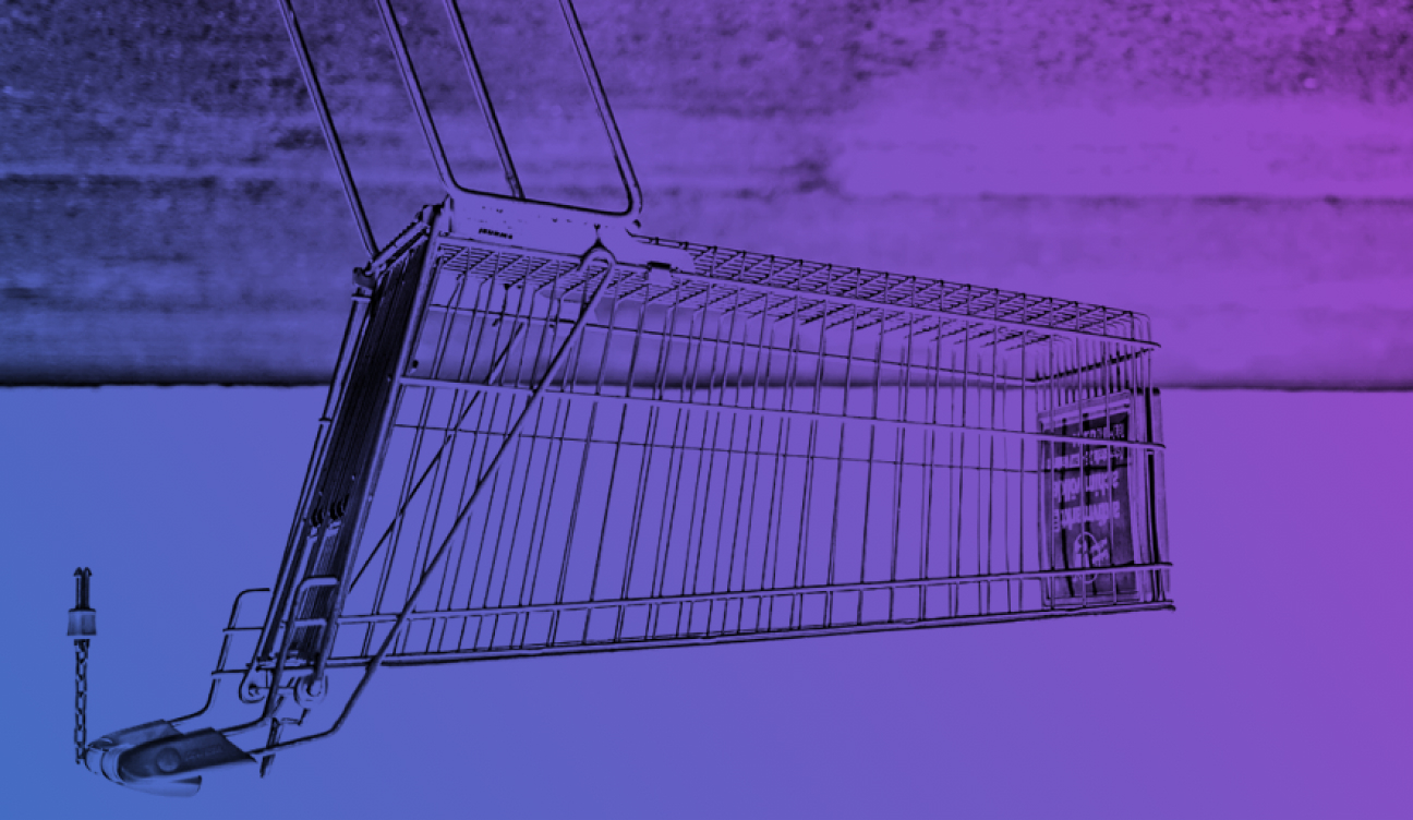 Upside down shopping cart on blue-purple gradient background.