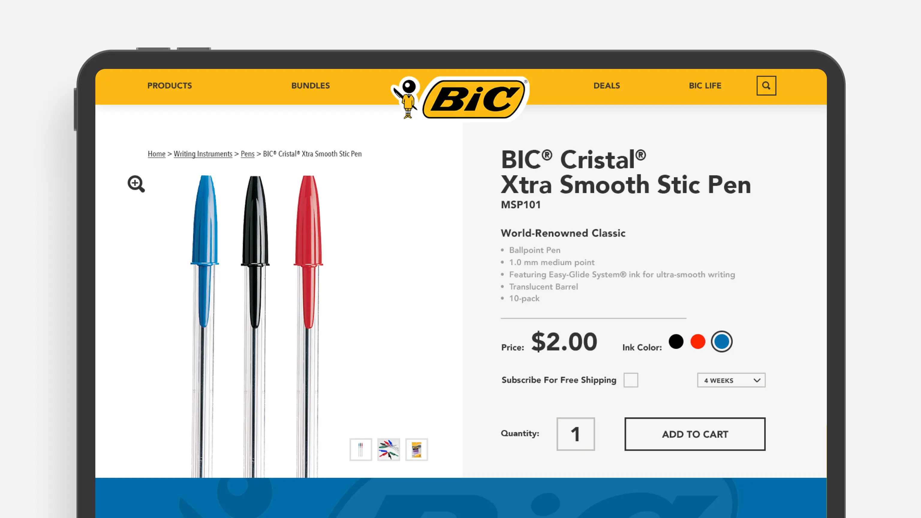 Screenshot of BIC Cristil Xtra Smooth Stic Pen product page