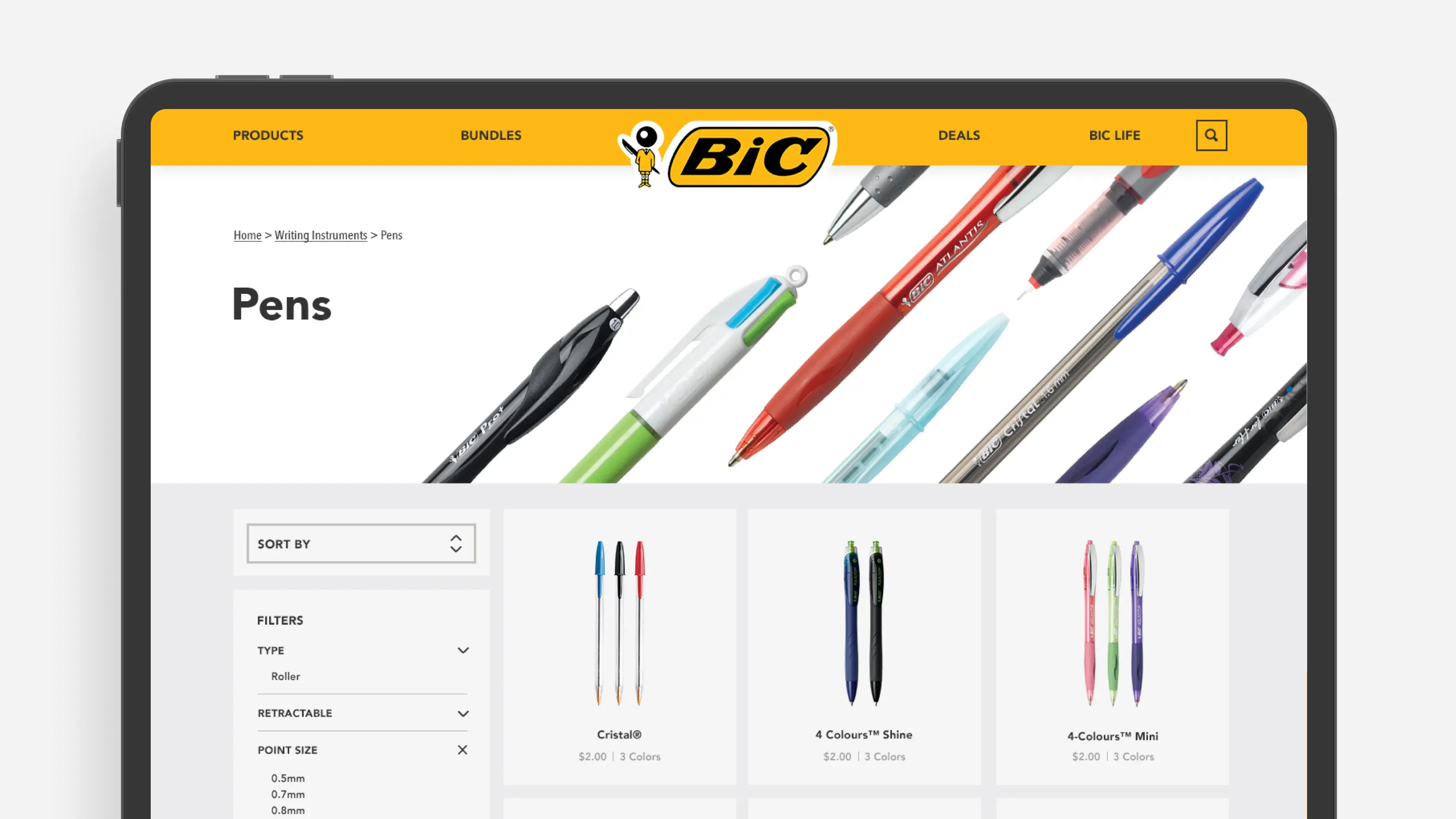 Screenshot of BIC pens product category page