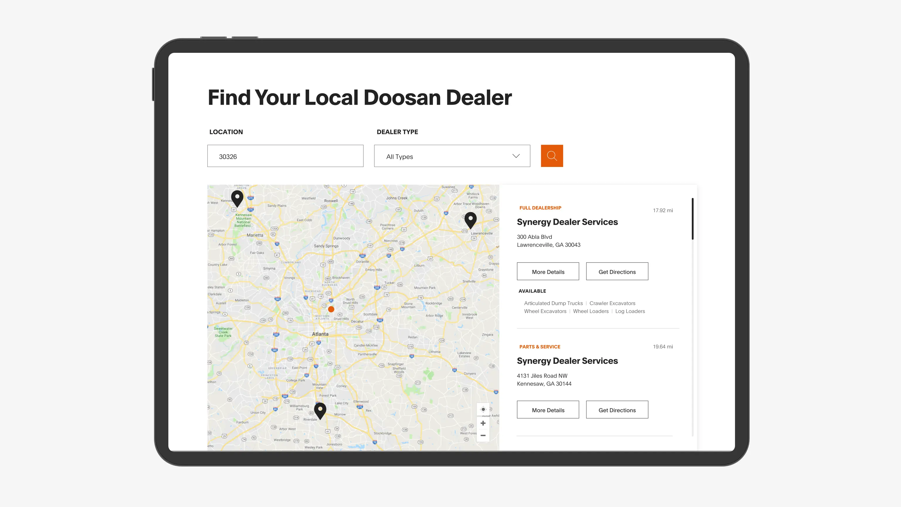 Screenshot of Doosan's Dealer Locator tool on website.