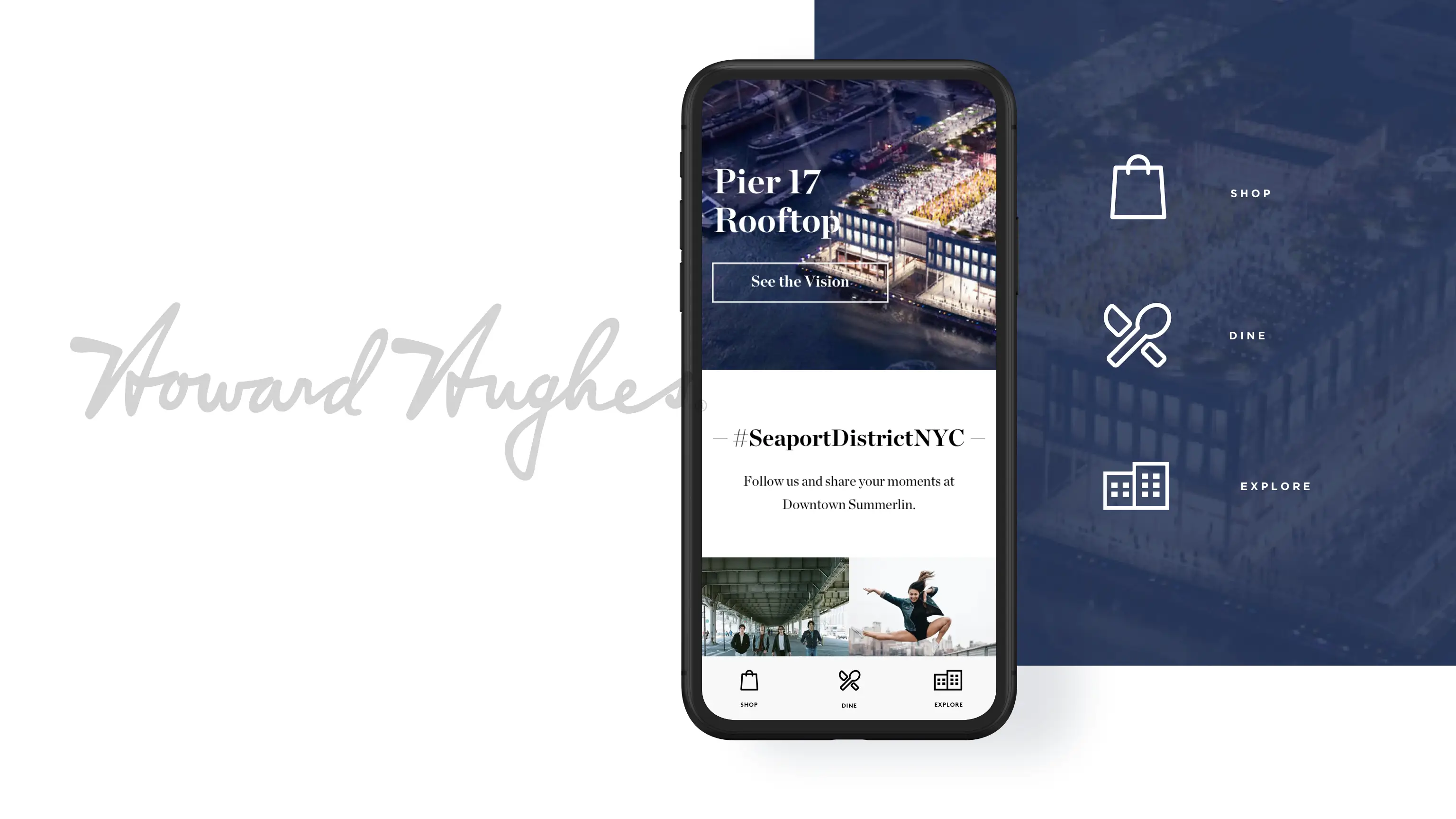 Screenshot of Howard Hughes website mobile experience to Shop, Dine and Explore.
