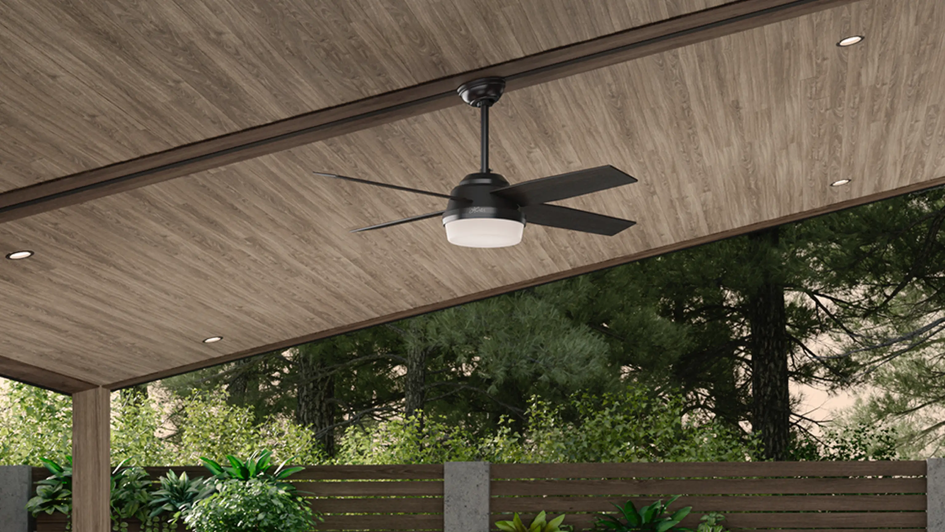 Hunter Fan and overhead light product hanging in indoor-outdoor space.