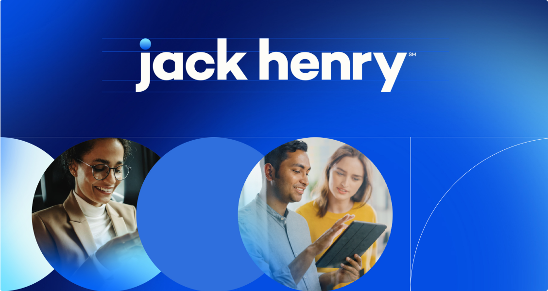 Jack Henry digital first approach hero image with man on phone and mobile app.