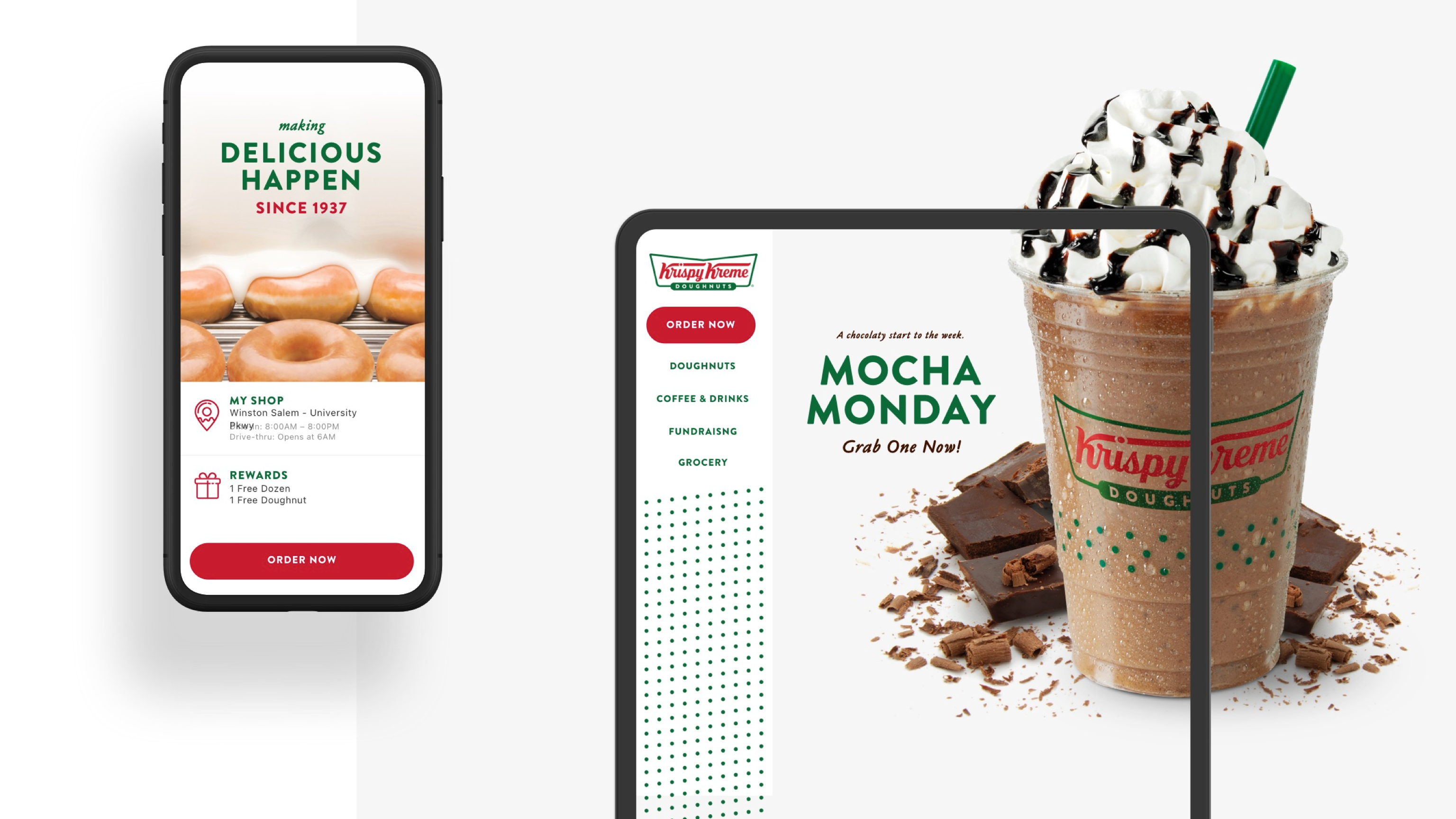 Krispy Kreme's online ordering functionality for mobile app and website.