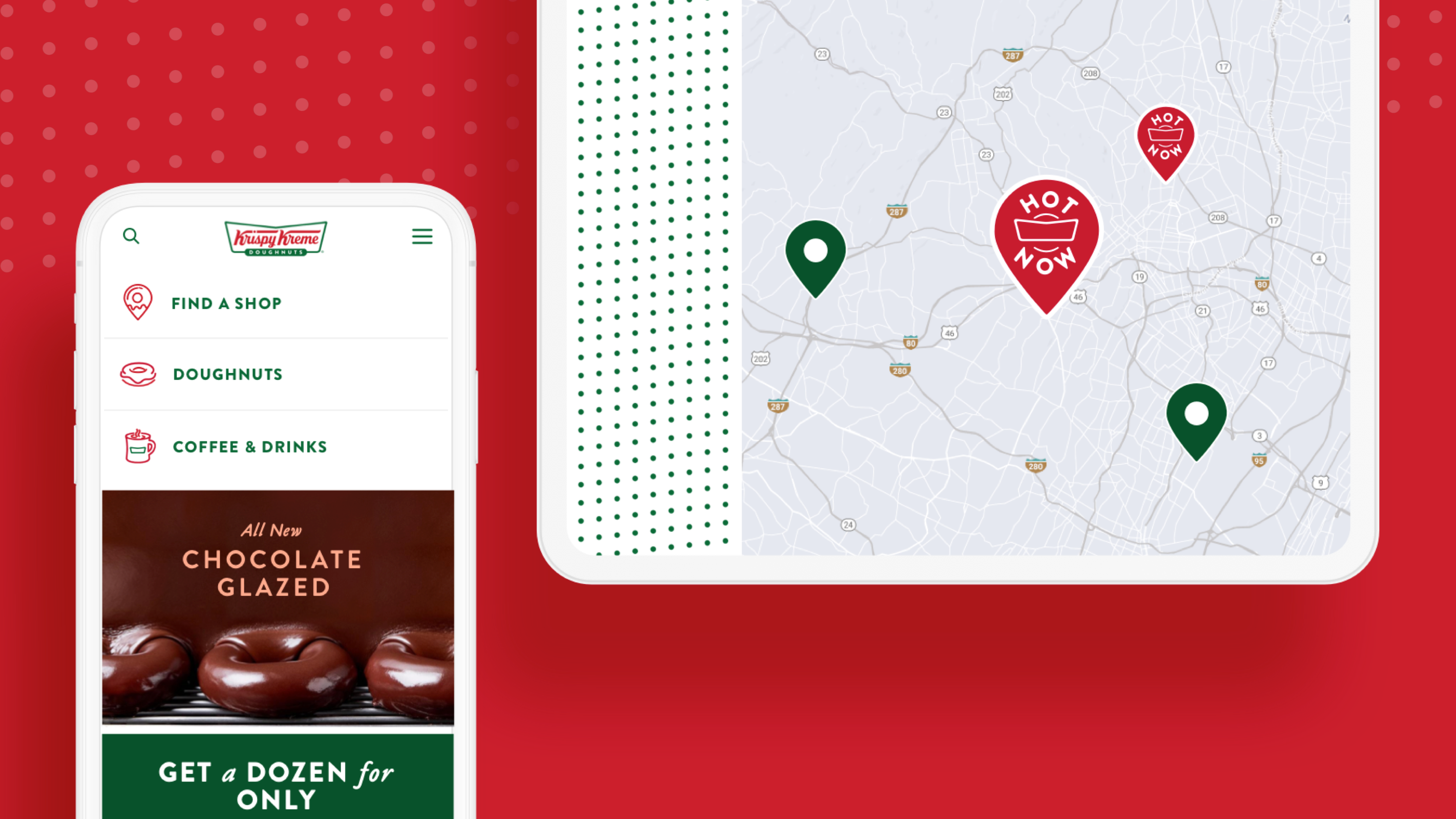 Screenshot of Krispy Kreme's mobile app and location finder map functionality.