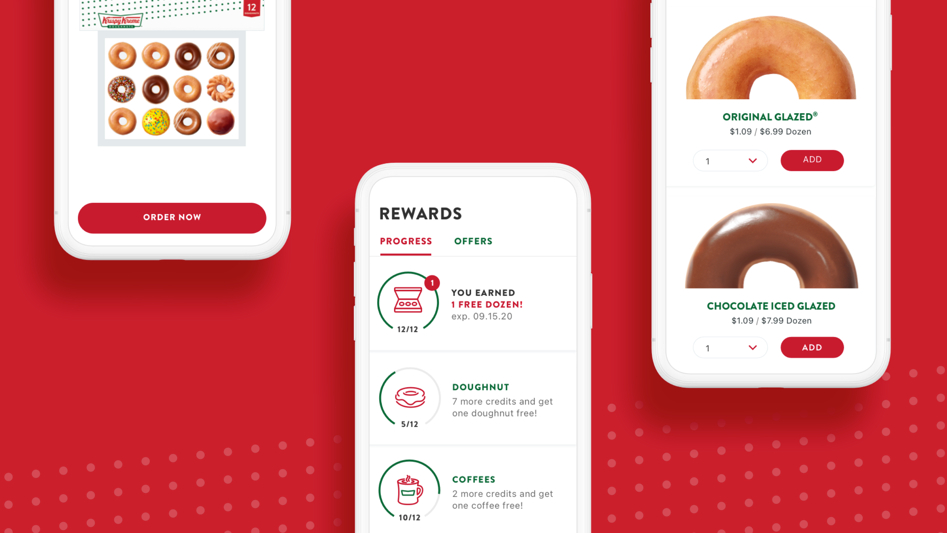 Three screenshots showing Krispy Kreme's mobile app ordering process and rewards progress.