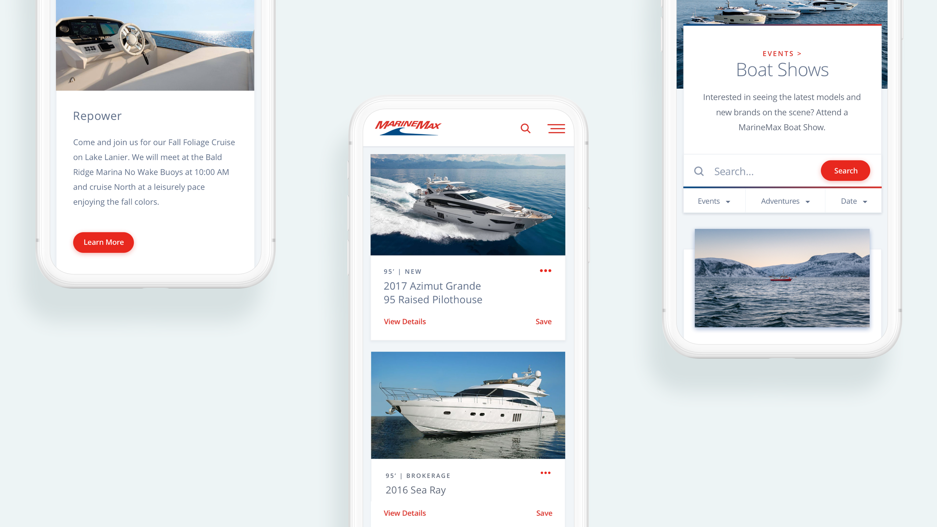 Screenshots of MarineMax mobile experience including yachts for sale and boat shows.