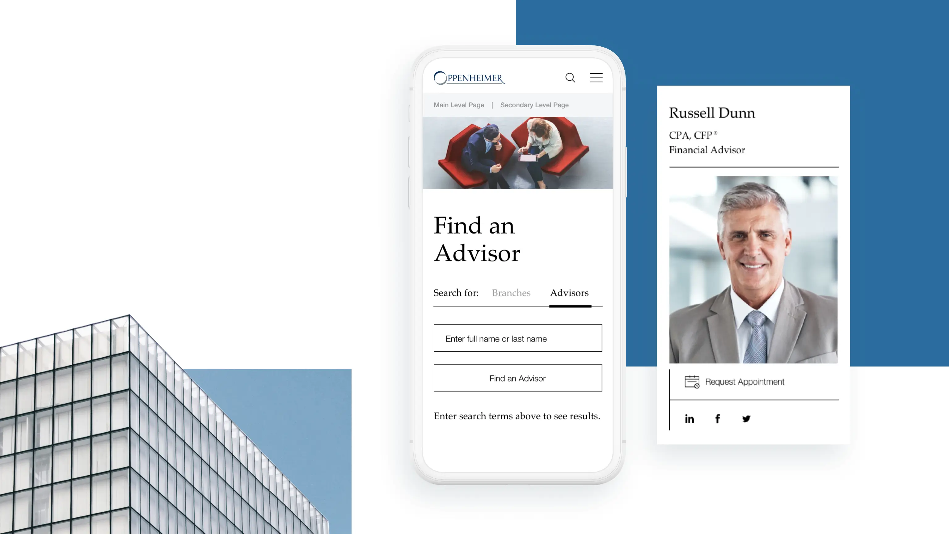 Oppenheimer's updated internal search functionality to find an advisor and request and appointment.