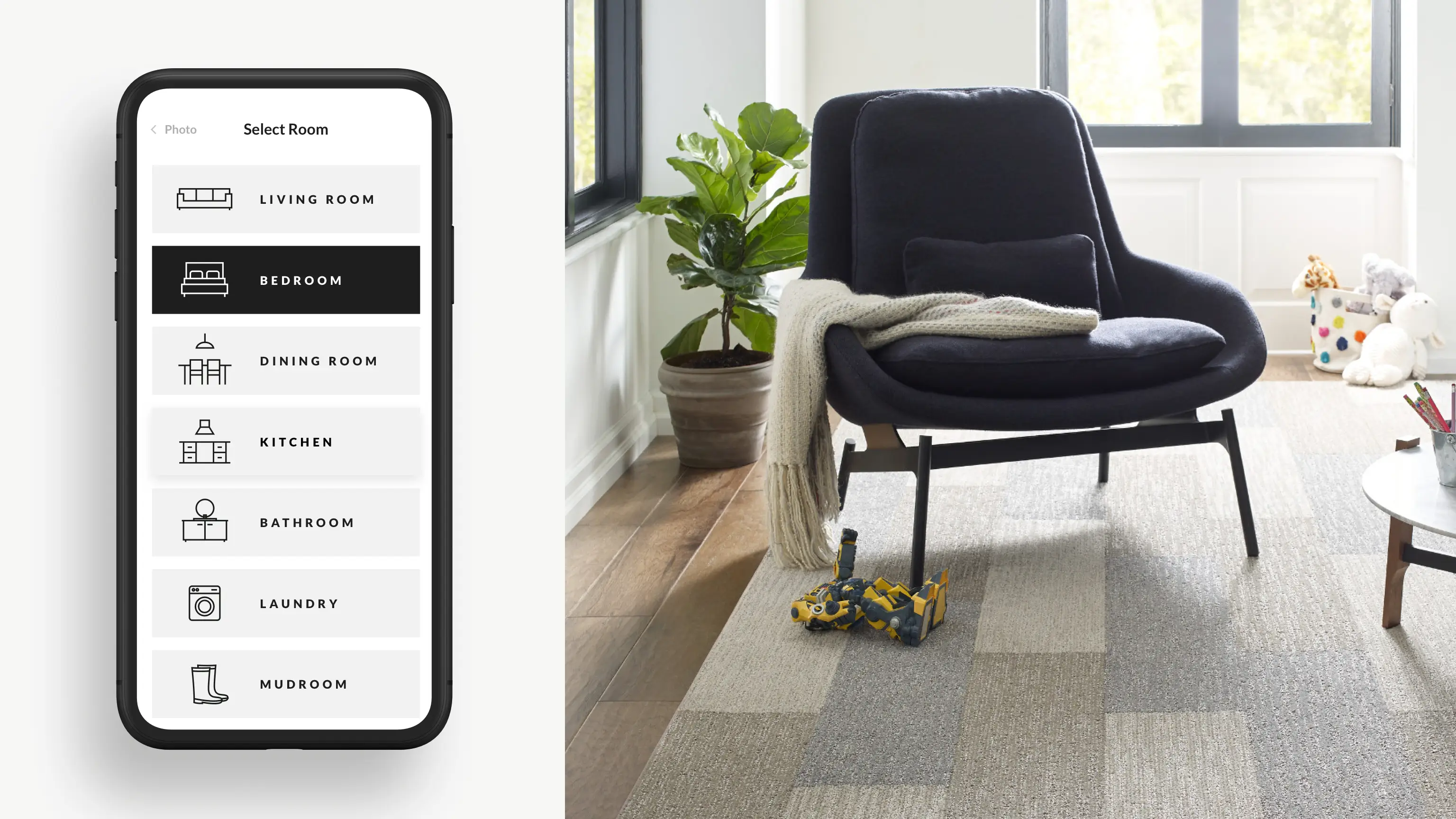 Screenshot of Shaw Floor mobile experience to select flooring by room.