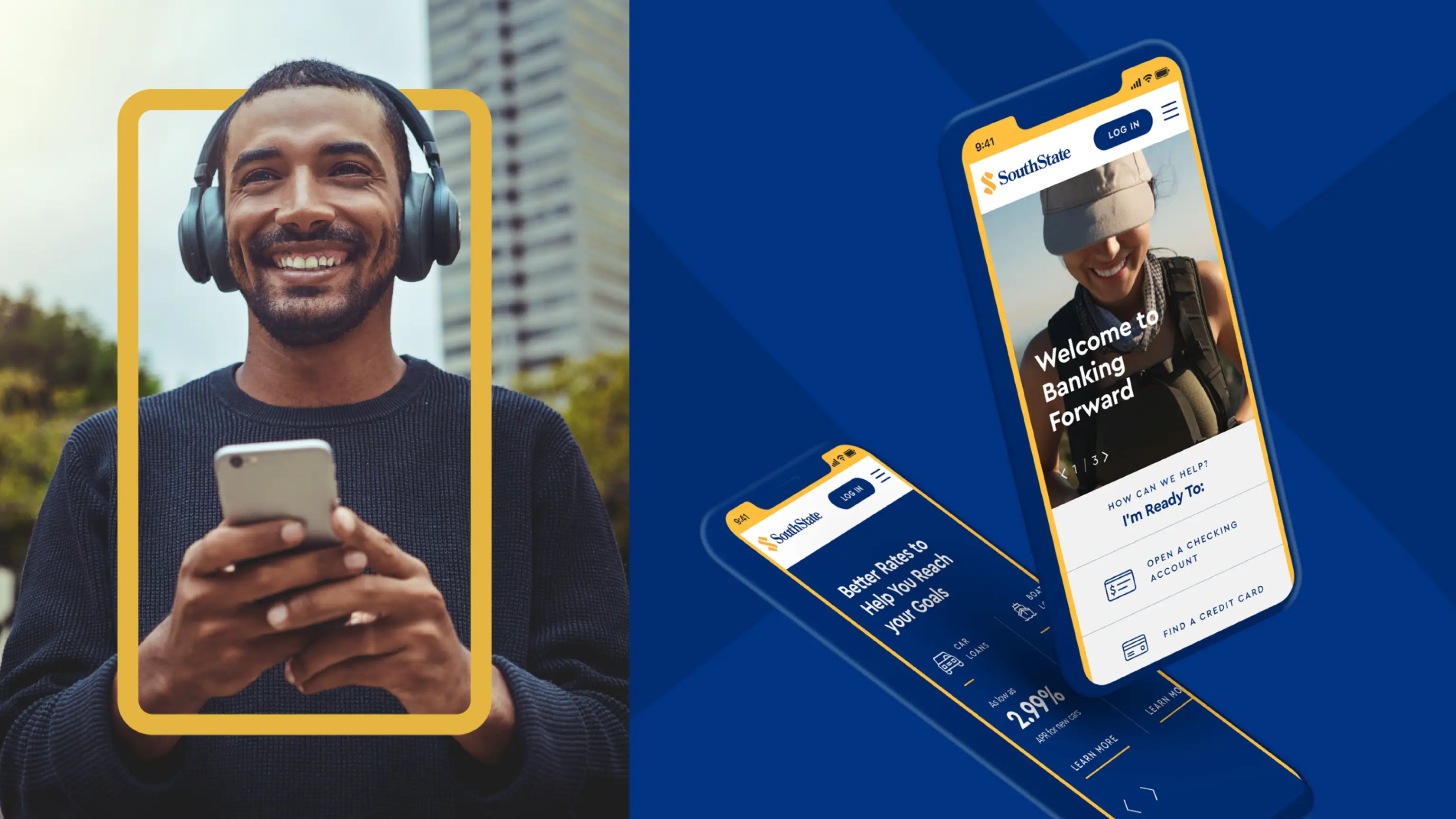 SouthState Bank digital first approach hero image with man on phone and mobile app.